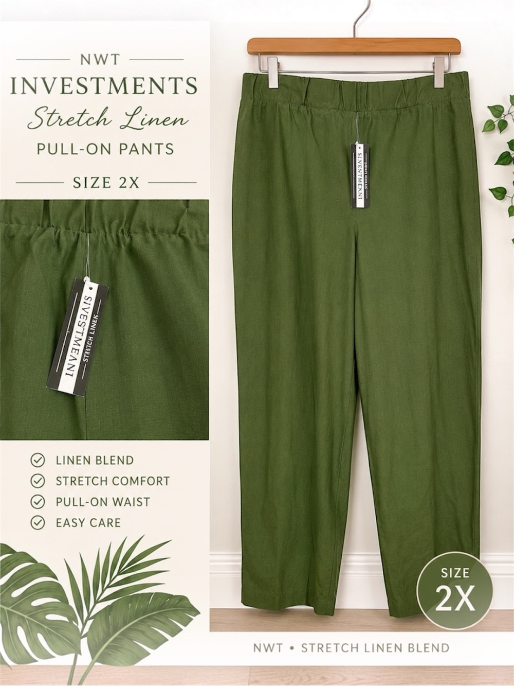 NWT Investments Size 2X Green Stretch Linen Blend Pull-On Pants Plus Size